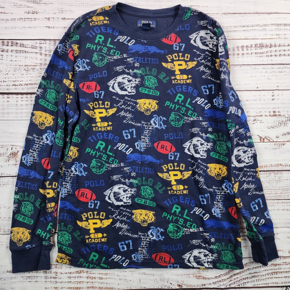 Polo Ralph Lauren Mens Navy Blue Tiger Collegiate Print Waffle Knit Pajama Top L